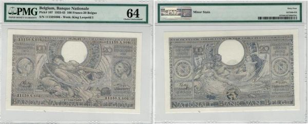 Belgium 100 Francs-20 Belgas 1933-43 Pick# 107 PMG 64