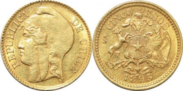 Chile 5 Pesos 1895 So Santiago Or Gold AU -