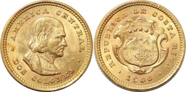 Costa Rica 2 Colones 1900 Or Gold UNC -