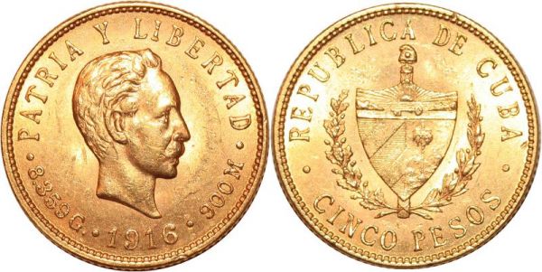 Cuba 5 Pesos 1916 Or Gold UNC 