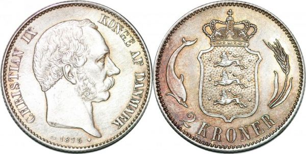 Denmark 2 Kroner Christian IX 1875 Silver UNC