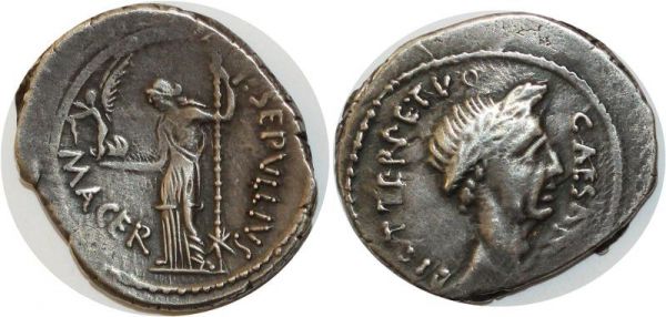 Ancient Denier J.Caesar P. Sepullius Macer Denarius 44 DICT PERPETVO Silver