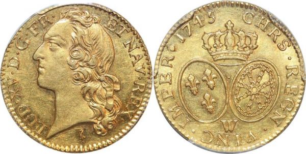 France Louis d'Or Louis XV bandeau 1745 W Lille PCGS AU58 Or Gold