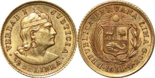 Peru 1/5 Libra Verdad I 1911 Lima Or Gold AU + 