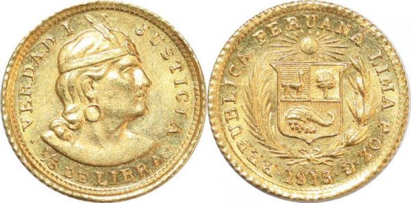 Peru 1/5 Libra Verdad I 1913 Lima Or Gold UNC BU 