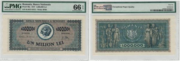 Romania 1,000,000 Lei Trajan et Decebal 1947 Pick# 60a PMG 66 EPQ