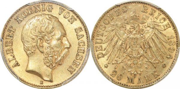 Germany Saxony 20 Mark Albert Sachsen 1894 E Or Gold PCGS MS62 