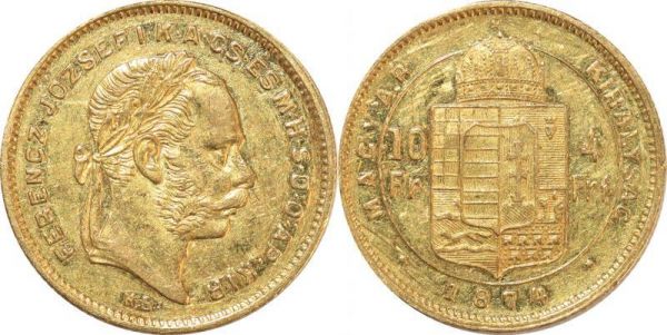 Hungary 10 Francs 4 Florins Franz Joseph I 1874 KB Kremnitz Or Gold AU