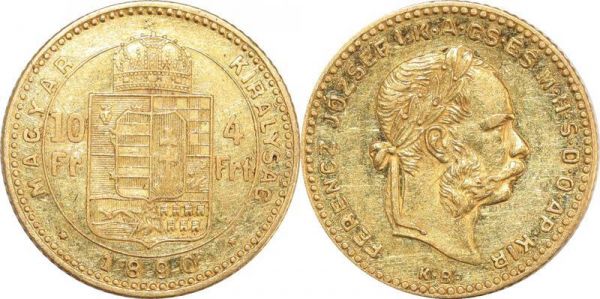 Hungary 10 Francs 4 Florins Franz Joseph I 1890 KB Kremnitz Or Gold AU