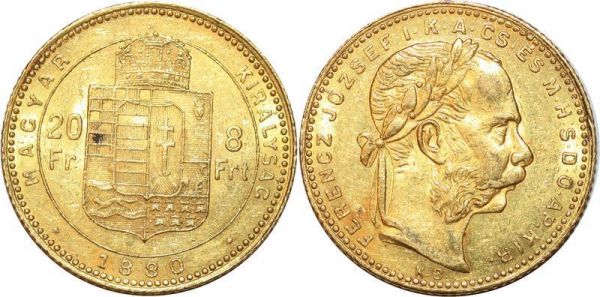 Hungary 8 Florins 20 Francs Franz Joseph 1880 Or Gold AU