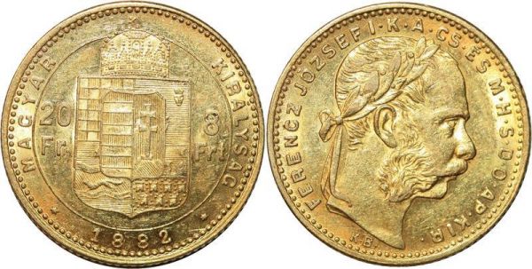 Hungary 8 Florins 20 Francs Franz Joseph 1882 Or Gold UNC