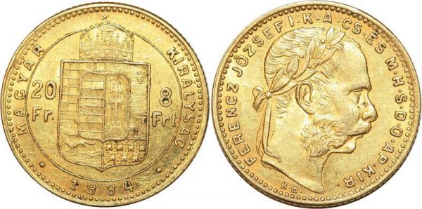 Hungary 8 Florins 20 Francs Franz Joseph 1884 Or Gold AU