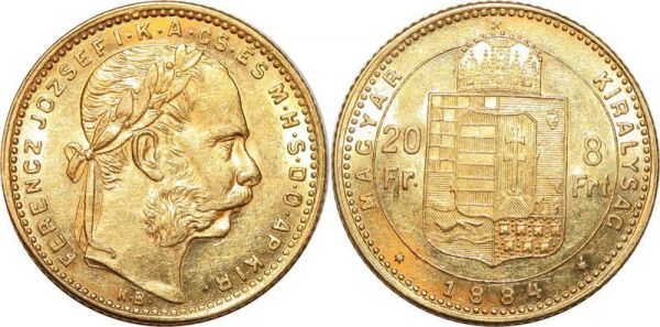 Hungary 8 Florins 20 Francs Franz Joseph 1884 Or Gold UNC