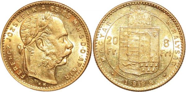 Hungary 8 Florins 20 Francs Franz Joseph I 1888 Or Gold UNC  