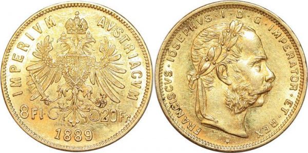 Hungary 8 Florins 20 Francs Franz Joseph 1889 Or Gold AU