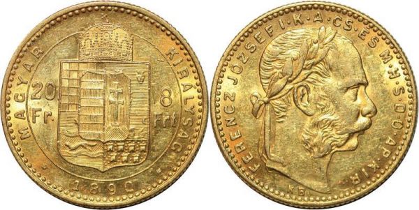 Hungary 8 Florins 20 Francs Franz Joseph 1890 Or Gold UNC
