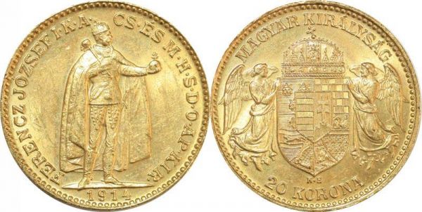 Hungary 20 Korona Franz Joseph I 1914 KB Kremnitz Or Gold UNC
