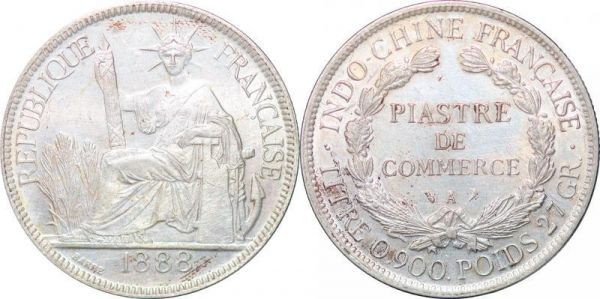 Indochina Date Piastre 1888 A Paris Silver AU UNC 