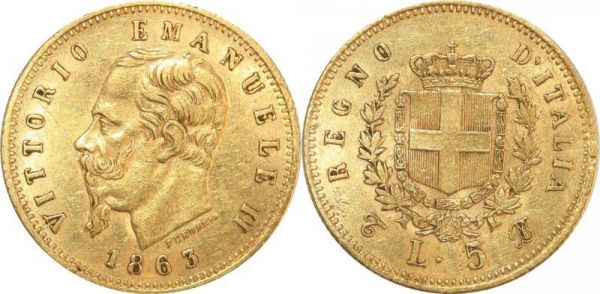Italy 5 Lire Vittorio Emanuele II 1863 Turin Or Gold AU 