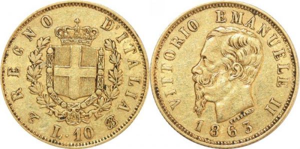 Italy 10 Lire Vittorio Emanuele II 1863 Turin Or Gold