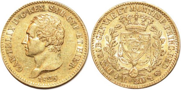 Italy Sardegna 20 Lire Karl Felix 1826 Turin Or Gold AU 