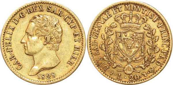 Italy Sardegna 20 Lire Karl Felix 1828 Turin Or Gold AU 