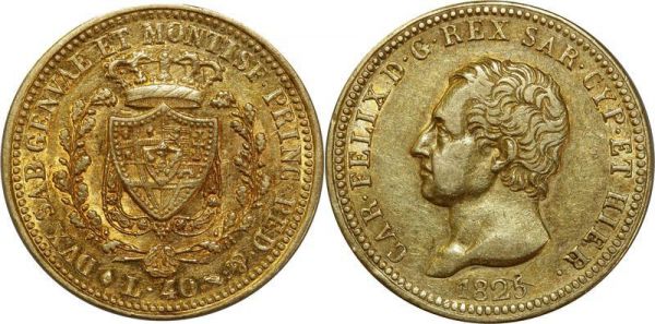 Italy 40 Lires Charles Felix Turin 1825 Or Gold 