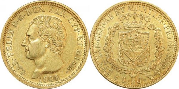 Italy Sardinia 80 Lire Carlo Felice 1828 L Turin Or Gold AU 