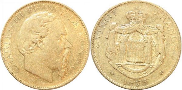 Monaco 20 Francs Charles III 1878 A Paris Or Gold 