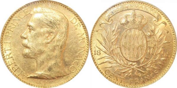 Monaco 100 Francs Albert I 1895 Or Gold PCGS MS62 