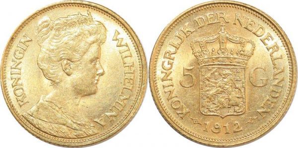 Netherlands 5 Gulden Wilhelmina Utrecht 1912 Or Gold UNC 