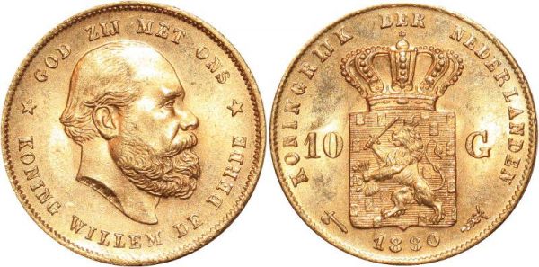 Netherlands 10 Gulden Willem 1880 Or Gold UNC 