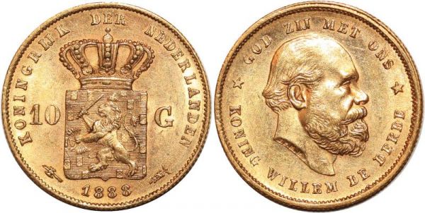 Netherlands 10 Gulden Willem 1888 Or Gold UNC 