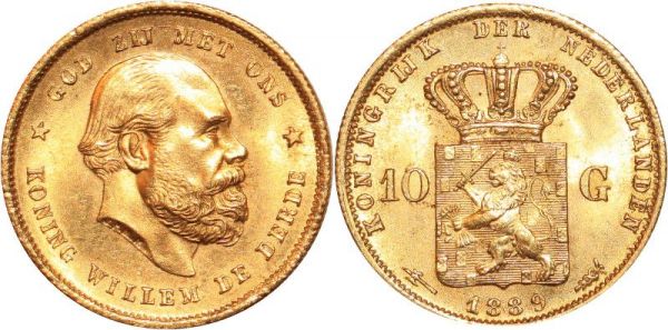 Netherlands 10 Gulden Willem 1889 Or Gold UNC 