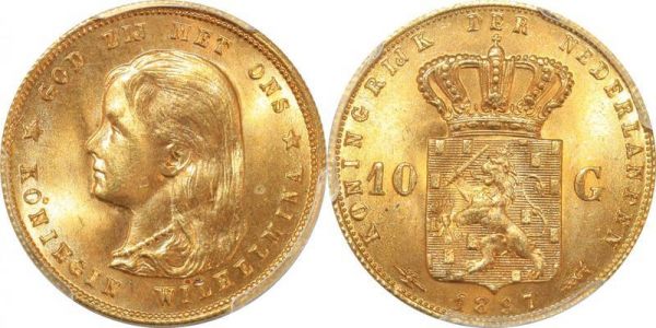 Netherlands 10 Gulden Wilhelmina 1897 Or Gold PCGS MS66 