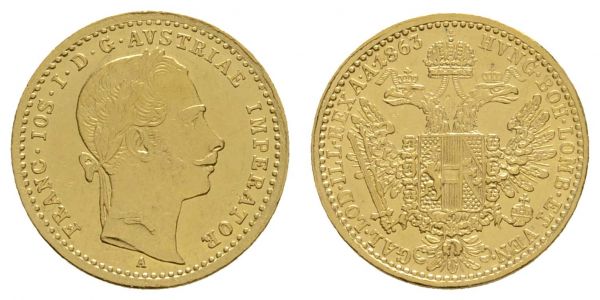 ab 1800 Österreich Franz Joseph 1848-1916 Dukat 1863 A fein berieben  Fried. 491 J. 330 Schl. 451 ss-vz