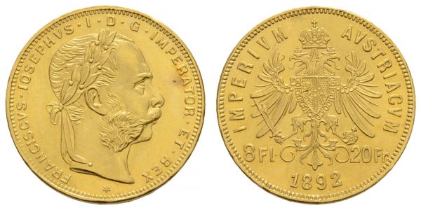 ab 1800 Österreich Franz Joseph, 1848-1916 8 Florin=20 Francs 1892  K.M. 2269 st-