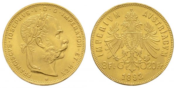 ab 1800 Österreich Franz Joseph 1848-1916 8 Florin=20 Francs 1892 Wien  Fried. 502 R Frühwald 1326 J. 362 Schl. 610 Herinek 251 vz-st