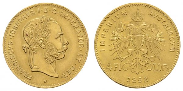 ab 1800 Österreich Franz Joseph 1848-1916 4 Florin=10 Francs 1892  K.M. 2260 st-