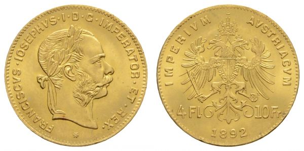 ab 1800 Österreich Franz Joseph 1848-1916 4 Florin=10 Francs 1892  K.M. 2260 st-