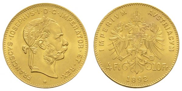 ab 1800 Österreich Franz Joseph, 1848-1916 4 Florin=10 Francs 1892  K.M. 2260 st