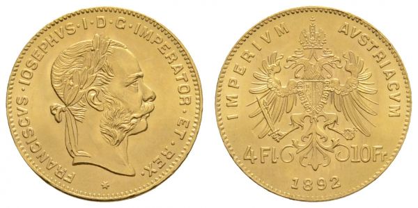 ab 1800 Österreich Franz Joseph, 1848-1916 4 Florin=10 Francs 1892  K.M. 2260 st-