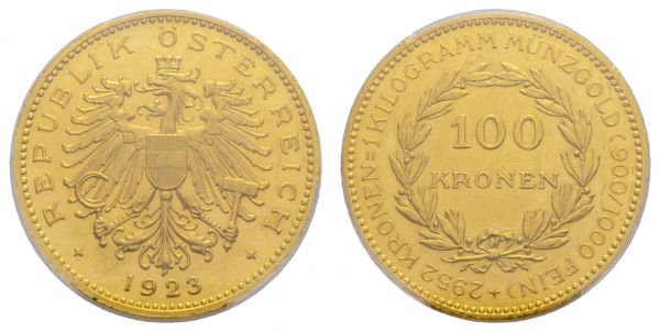 ab 1800 Österreich Republik 100 Kronen 1923 Wien im PCGS-Slab PL 61  K.M. 2831 Fried. 518 Schl. 675 selten in dieser Erhaltung PL