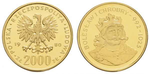 ab 1800 Polen Volksrepublik 1952-1989 2000 Zloty 1980 Boleslaw I. Chrobry, gekapselt  KM Y 116 PP/Proof