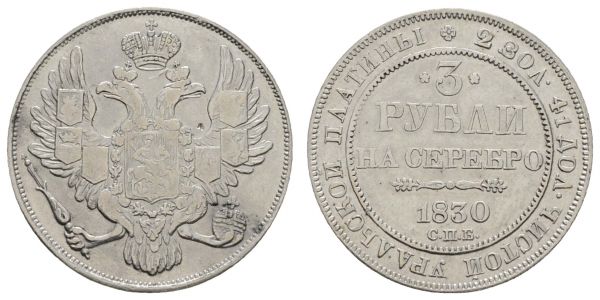 ab 1800 Russland Nikolaus I. 1825-1855 3 Rubel 1830 St. Petersburg PLATIN, Av.: gekrönter Doppeladler mit Zepter und Reichsapfel in den Fängen, auf der Brust St. Georgsschild, umher die Kette des Andreasordens, auf den Flügeln je drei weitere Wappenschilde, oben Krone, Rv.: fünf Zeilen Schrift mit Wertangabe, Jahresangabe und Münzstätte  K.M. 177 Schlum. 95 Uzd. 367 Bitkin 76 Fried. 160 10.19 g. ss