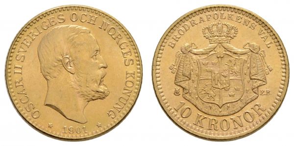 ab 1800 Schweden Oskar II., 1872-1907 10 Kronor 1901 Stockholm  K.M. 767 Fried. 94 b Schlum. 139 SM 33 vz