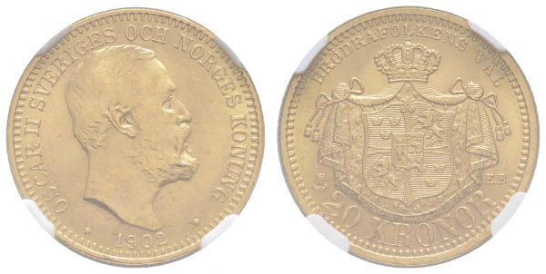 ab 1800 Schweden Oskar II., 1872-1907 20 Kronor 1902 Stockholm Münzmeister Emil Brusewitz, im NGC-Slab MS 65  Fried. 93 Schlum. 138 SM 23