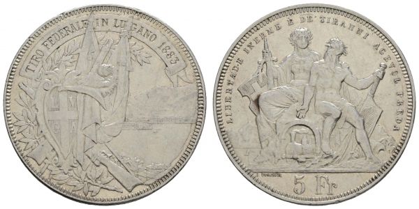 ab 1800 Schweiz Kanton Lugano 5 Franken 1883 Eidgenössisches Schützenfest  Richter 1373 HMZ 2-1343 n K.M. S 16 24.92 g. ss-vz