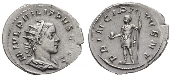 Römer Kaiserzeit Philippus II., 244-249 AR Antoninian 244-247 Rv. Stehender Princeps Iuventutis  RIC 218d 3.62 g. vz
