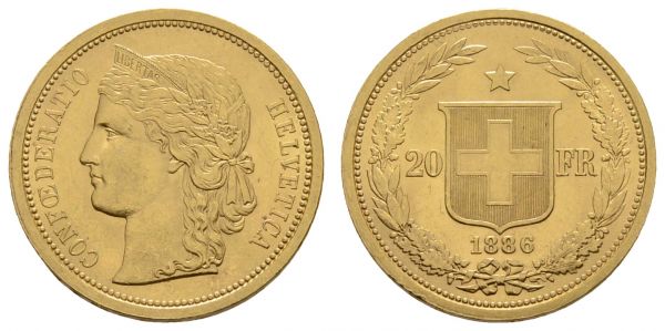 ab 1800 Schweiz Eidgenossenschaft 20 CHF 1886 Bern  Divo/Tobler 292 HMZ 2-1194 Divo 98 Schl. 7 Fried. 495 6.44 g. vz